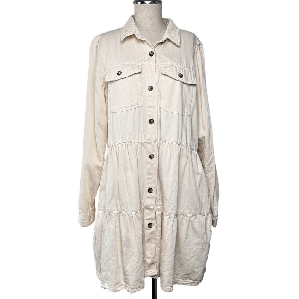 Free People Cotton Tiered Shirt Dress Cream Button Front Boho Cottagecore Sz L
